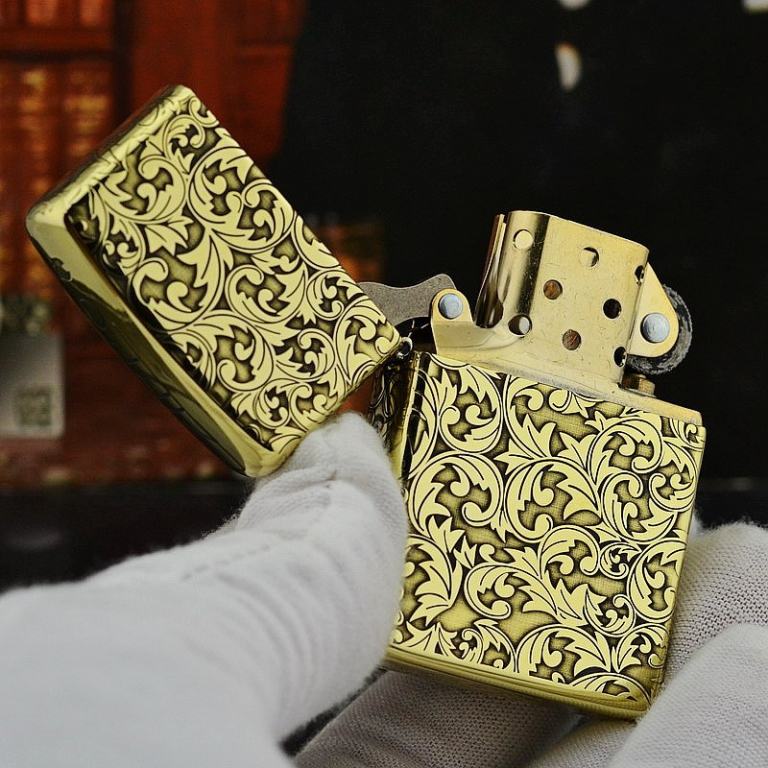 Zippo Chính Hãng Đồng Bóng Khắc Hoa Văn 5 Mặt Phiên Bản 256
